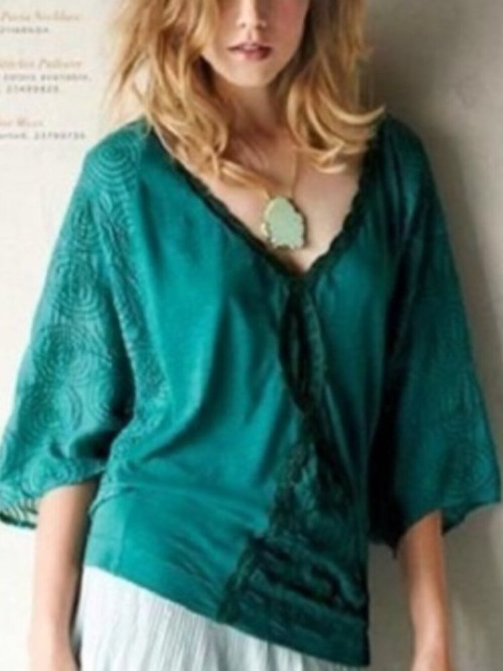 Language Sheer V Neck Batwing Embroidered Top in Teal